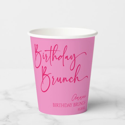 Heet Roze Moderne Minimalistische Verjaardag Brunc Papieren Bekers (Achterkant)