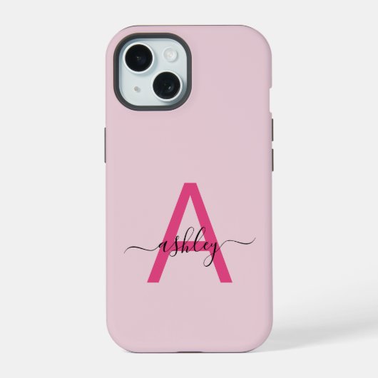 Heet Roze Moderne Script Meisjesachtig Monogram Na iPhone 15 Case (Achterkant)