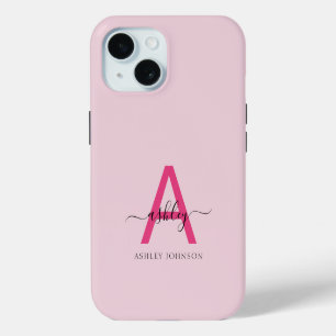 Heet Roze Moderne Script Meisjesachtig Monogram Na iPhone 15 Case