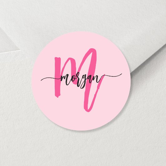 Heet Roze Moderne Script Meisjesachtig Monogram Na Ronde Sticker