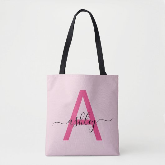 Heet Roze Moderne Script Meisjesachtig Monogram Na Tote Bag (Voorkant)