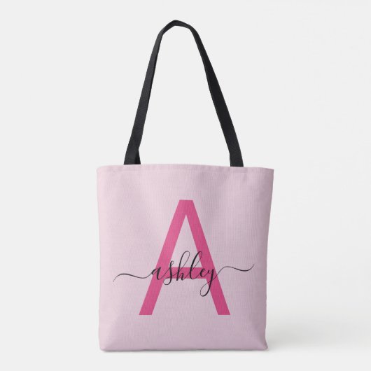 Heet Roze Moderne Script Meisjesachtig Monogram Na Tote Bag (Achterkant)
