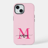 Heet Roze Moderne Script Meisjesachtige Monogram N iPhone 15 Case (Achterkant)