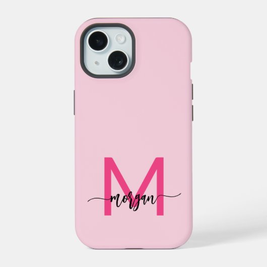 Heet roze moderne script meisjesachtige monogramna iPhone 15 case (Achterkant)
