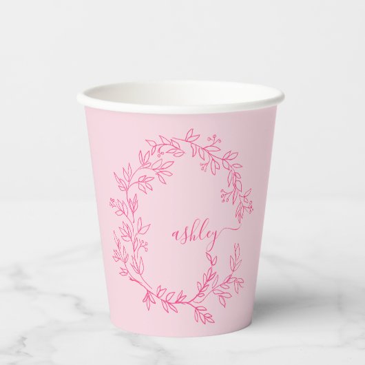 Heet Roze Moderne Script Meisjesachtige Monogramna Papieren Bekers (Voorkant)