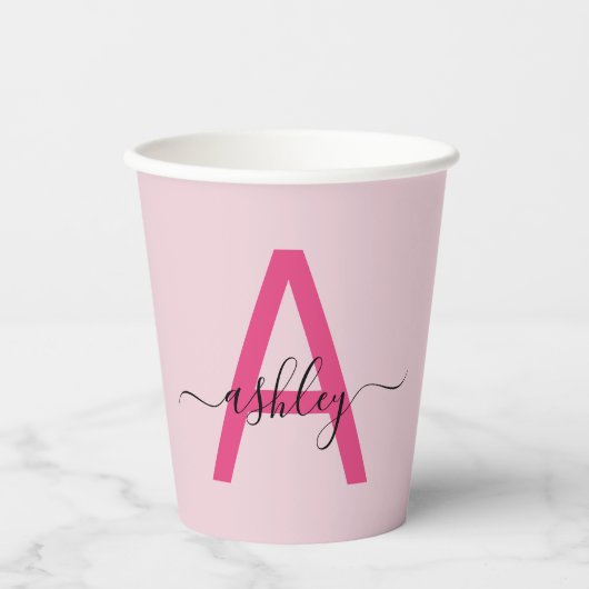 Heet Roze Moderne Script Meisjesachtige Monogramna Papieren Bekers (Voorkant)