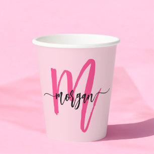 Heet Roze Moderne Script Meisjesachtige Monogramna Papieren Bekers