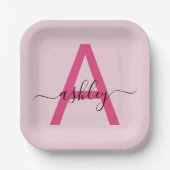 Heet Roze Moderne Script Meisjesachtige Monogramna Papieren Bordje (Voorkant)