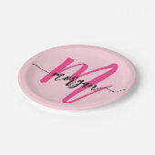 Heet Roze Moderne Script Meisjesachtige Monogramna Papieren Bordje (Gekanteld)