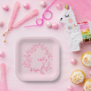 Heet Roze Moderne Script Meisjesachtige Monogramna Papieren Bordje