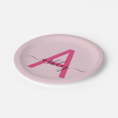 Heet Roze Moderne Script Meisjesachtige Monogramna Papieren Bordje (Gekanteld)