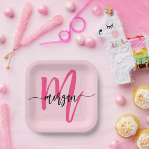 Heet Roze Moderne Script Meisjesachtige Monogramna Papieren Bordje