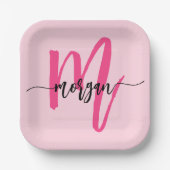 Heet Roze Moderne Script Meisjesachtige Monogramna Papieren Bordje (Voorkant)