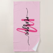 Heet Roze Moderne Script Meisjesachtige Monogramna Strandlaken (Voorkant)