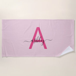 Heet Roze Moderne Script Meisjesachtige Monogramna Strandlaken