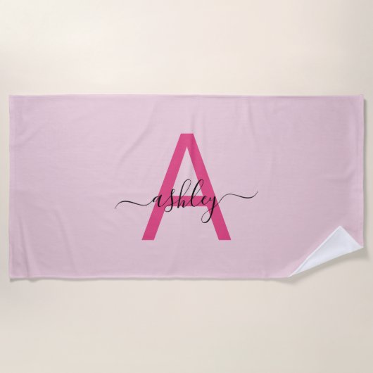 Heet Roze Moderne Script Meisjesachtige Monogramna Strandlaken (Voorkant)