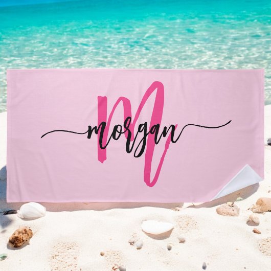 Heet Roze Moderne Script Meisjesachtige Monogramna Strandlaken