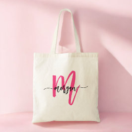 Heet Roze Moderne Script Meisjesachtige Monogramna Tote Bag