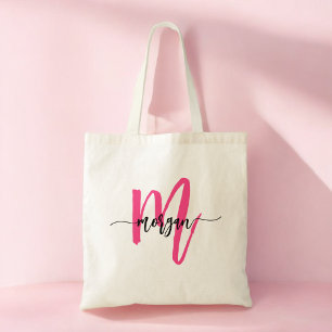 Heet Roze Moderne Script Meisjesachtige Monogramna Tote Bag