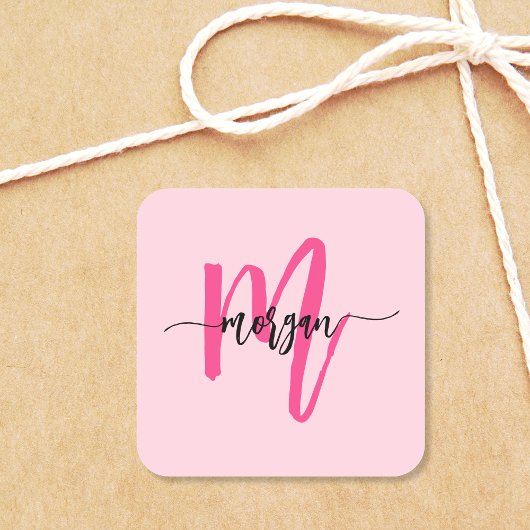 Heet Roze Moderne Script Meisjesachtige Monogramna Vierkante Sticker