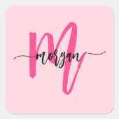 Heet Roze Moderne Script Meisjesachtige Monogramna Vierkante Sticker (Voorkant)