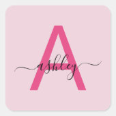 Heet Roze Moderne Script Meisjesachtige Monogramna Vierkante Sticker (Voorkant)