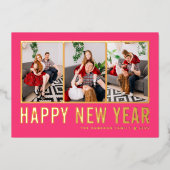Heet Roze Moderne Typografie Fotocollage Nieuwjaar Folie Feestdagenkaart (Voorkant)