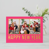 Heet Roze Moderne Typografie Fotocollage Nieuwjaar Folie Feestdagenkaart (Staand Voorkant)