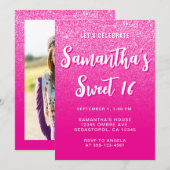 Heet roze moderne verloopfoto Sweet 16 Kaart (Voorkant / Achterkant)