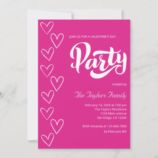 Heet Roze Moderne Witte Harten Valentijnsdag Party Kaart (Voorkant)