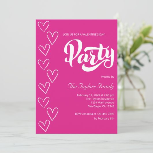 Heet Roze Moderne Witte Harten Valentijnsdag Party Kaart (Staand voorkant)