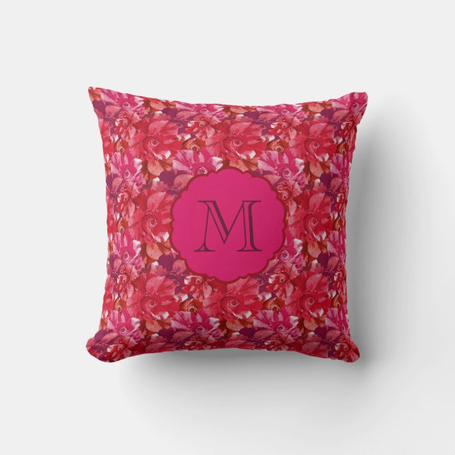 Heet Roze Monogram Dikke Rozen Bloemmotief Kussen (Voorkant)