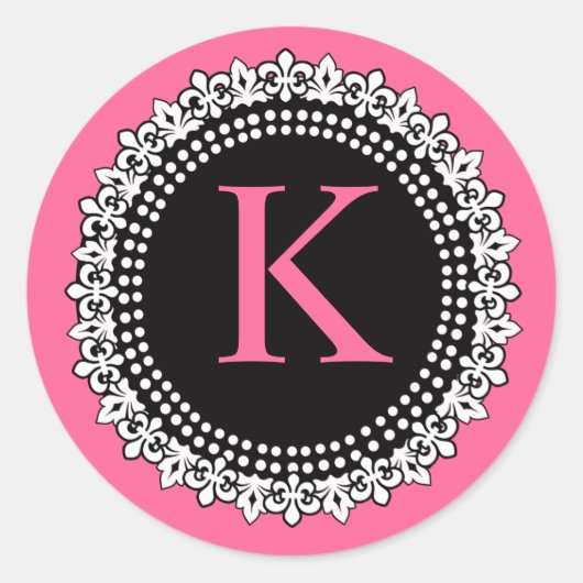 Heet Roze Monogram K Fleur de Lis Bruiloft Sticker (Voorkant)