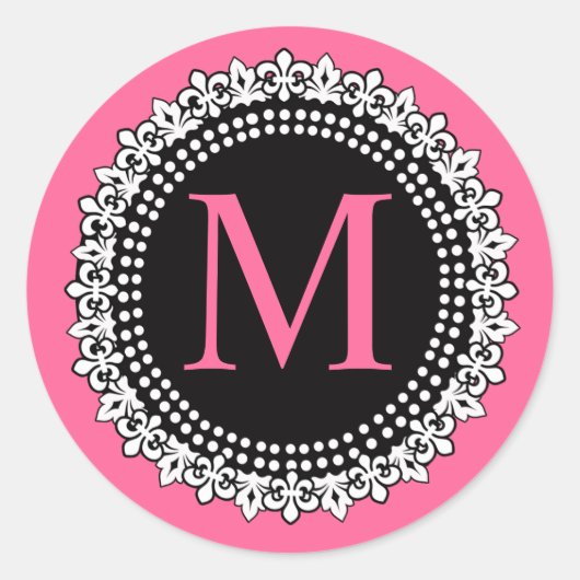 Heet Roze Monogram M Fleur de Lis Bruiloft Sticker (Voorkant)