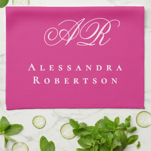 Heet roze monogram naam minimalistisch stijlvol le theedoek (Gevouwen)