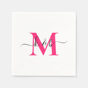 Heet Roze Monogram Swash Script Witte Cocktail Servet