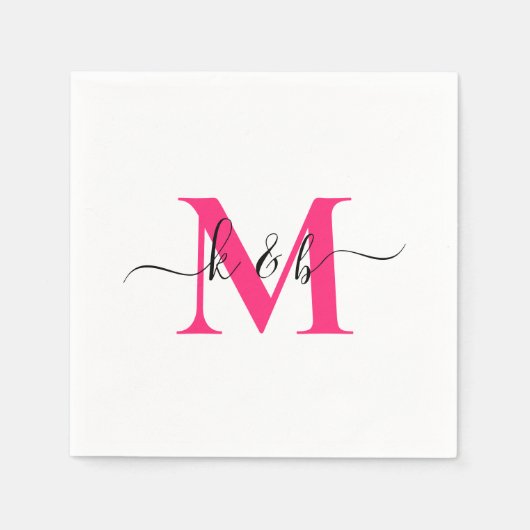 Heet Roze Monogram Swash Script Witte Cocktail Servet (Voorkant)