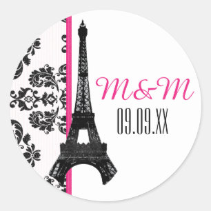Heet Roze Monogrammed Damask Eiffeltoren Bruiloft Ronde Sticker