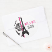 Heet Roze Monogrammed Damask Eiffeltoren Bruiloft Ronde Sticker (Envelop)