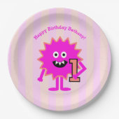 Heet Roze Monster Meisje 1e Verjaardag Schattige P Papieren Bordje (Voorkant)