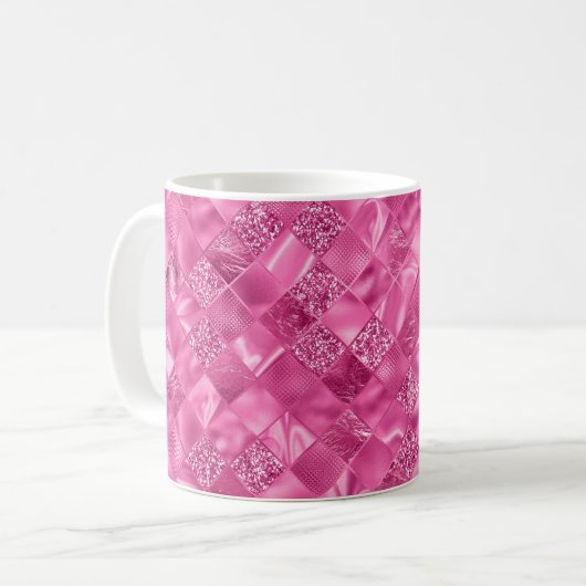 Heet Roze Multi-Textuur Vierkant Weefselpatroon Koffiemok (Voorkant links)