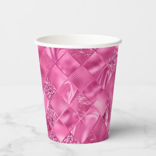 Heet Roze Multi-Textuur Vierkant Weefselpatroon Papieren Bekers (Achterkant)
