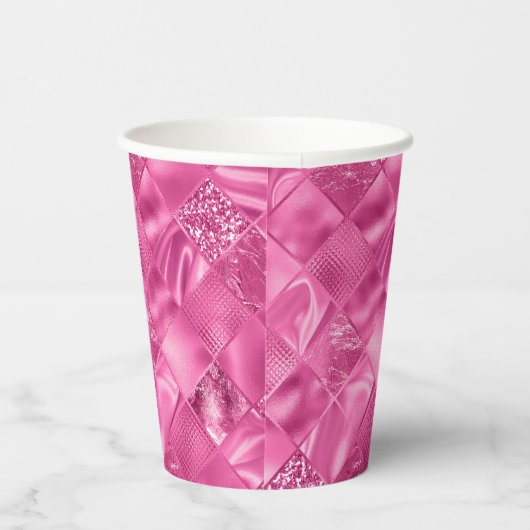 Heet Roze Multi-Textuur Vierkant Weefselpatroon Papieren Bekers (Rechts)