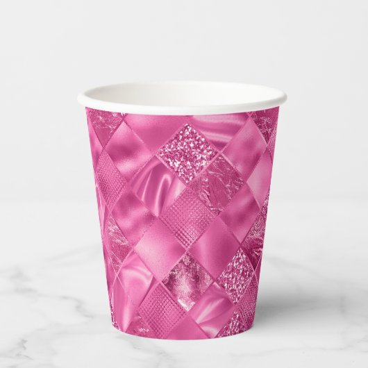 Heet Roze Multi-Textuur Vierkant Weefselpatroon Papieren Bekers (Voorkant)