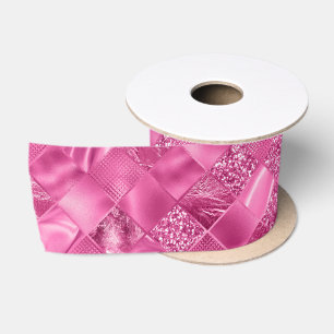 Heet Roze Multi-Textuur Vierkant Weefselpatroon Satijnen Lint