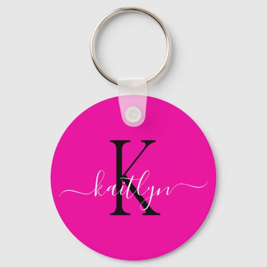 Heet Roze Naam Initiaal Monogram Sleutelhanger (Voorkant)