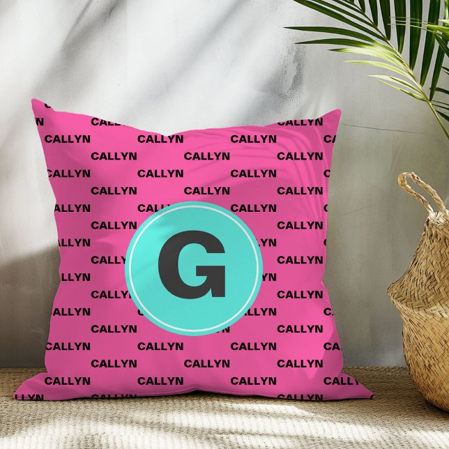 Heet roze naam patroon monogram sierkussen (Creator heeft geüpload)