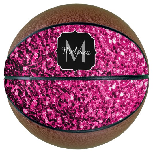 Heet roze namaak glitterspikkels glans Monogram na Basketbal (Voorkant)