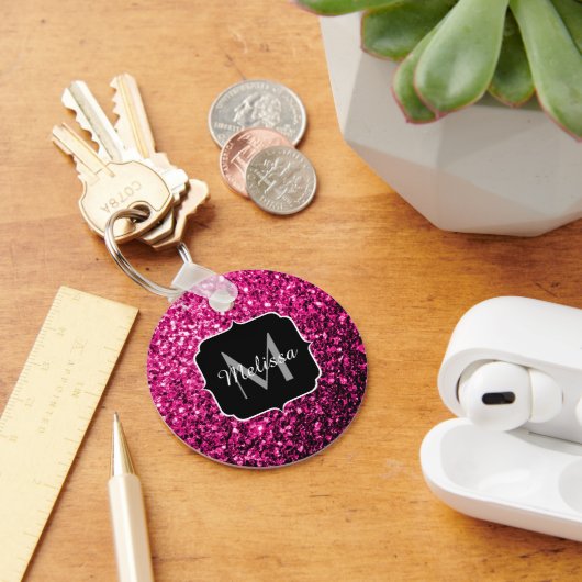 Heet roze namaak glitterspikkels Monogram Sleutelhanger (Bureau)