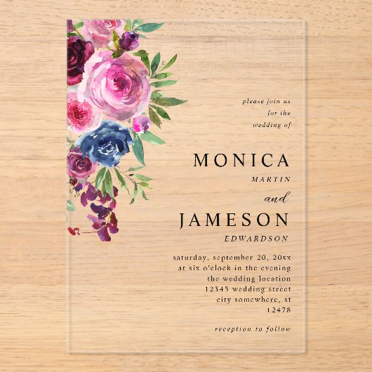 Heet Roze & Navy Blauw Bloemen Bruiloft 3 Acryl Uitnodigingen (Voorkant)